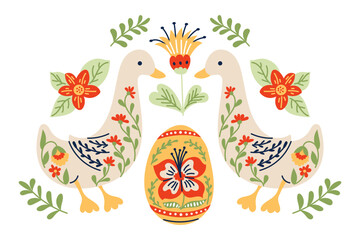 Folk easter composition with goose and decorated egg in floral ornament style. Traditional spring illustration with symmetry and holiday celebration concept © Olena