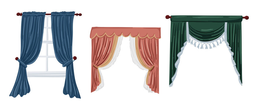 Set of elegant curtain with drapery and valance in classic style isolated on light background. Interior decoration collection for window design and home decor concept