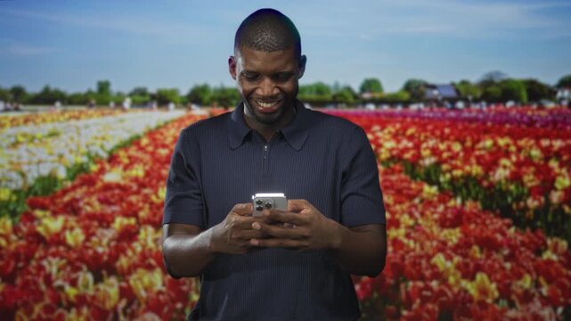Man holding smartphone with both hands, smiling and typing while standing before tulip field in studio set; joy connection.