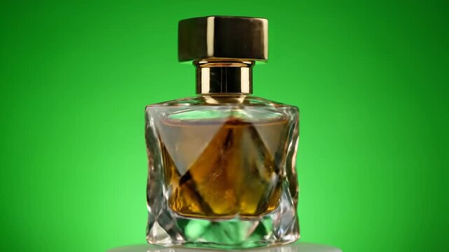 Sleek luxury perfume bottle containing exotic oud essence rotating rapidly on a solid bright green screen ready for chroma key compositing spinning, chroma, speed