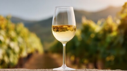Vineyard rows and a glass of white wine at golden hour with warm sunlight and soft focus in the background