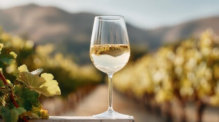 Vineyard rows and wine glass capture the essence of wine tourism during golden hour under warm sunlight