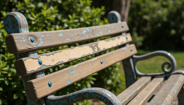 Weathered wooden park bench under bright sunlight in garden  