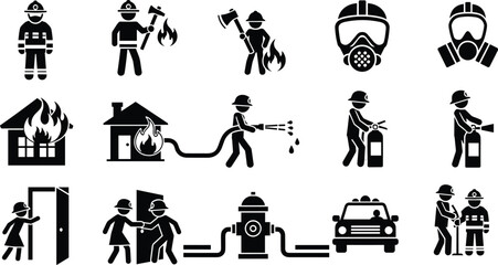 Obraz premium Firefighter emergency response icons illustration set, safety rescue vector graphics, firefighting equipment design concept, disaster prevention art, black and white flat collection