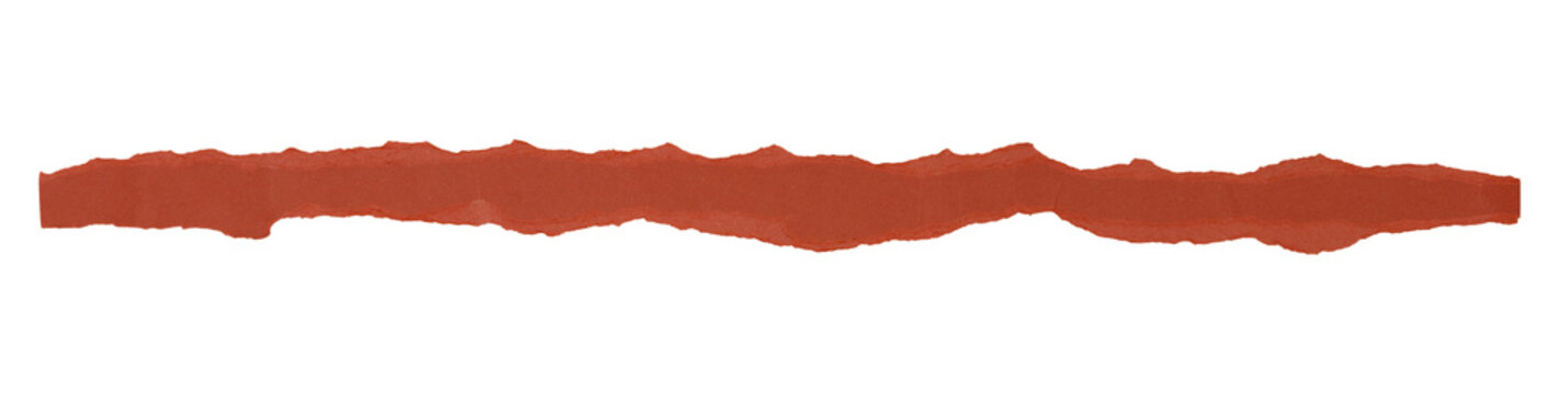 Un morceau de papier brut, en forme de bande, de couleur rouge, d&eacute;chir&eacute; et isol&eacute;, au format png transparent. Un espace de copie.
