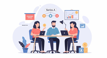 Three business people collaborating around a table with laptops.