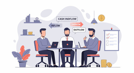 Fototapeta premium Three business people collaborating in a meeting analyzing cash inflow and outflow for financial growth.