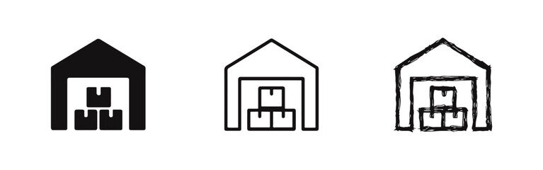 Obraz premium Warehouse and Logistics Storage Icon Set with Boxes in Various Styles.