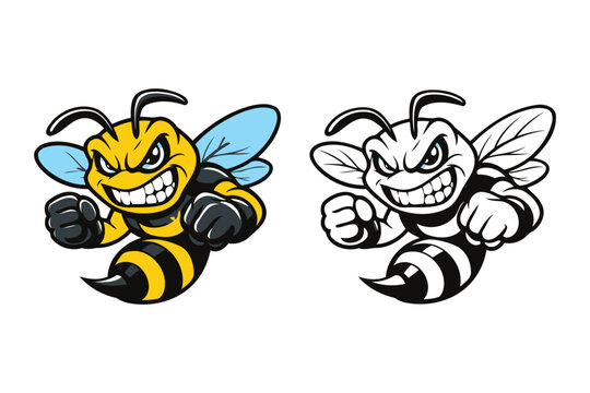 aggressive cartoon bee mascot in color and black and white versions