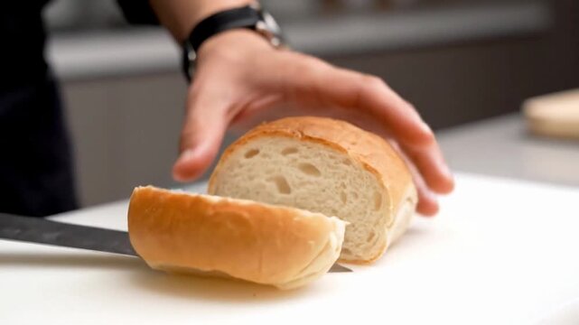 A close-up of hands slicing a fresh loaf of bread in a kitchen.