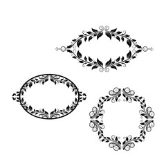 Three black floral wreath frames with leaves and swirls