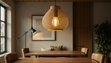 Modern dining room with woven pendant light and wooden table  