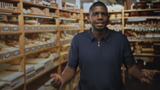 Man gestures with open hands toward stacked rounds and wrapped cheese on wooden shelves inside a shop building; engaged explanation.