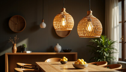 Modern kitchen interior with wooden dining table and woven lamps  