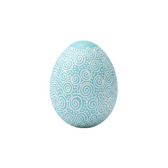 Decorative blue easter egg featuring intricate white swirl doodle patterns isolated on white background for traditional spring holiday celebration and creative design element decoration.