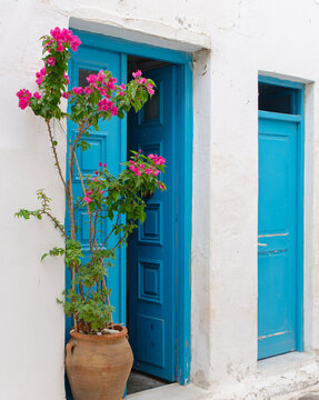 Blue Doorways with Bougainvillea in an Urn in Parikia, Paros, Greece