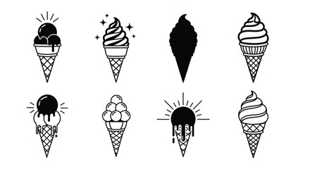 Fototapeta premium Bold black ice cream cone icon set with solid glyph style for restaurant menus and summer branding