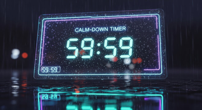 Calm-Down Timer in Rain with Neon Glow - Digital Display for Stress Relief and Mindfulness