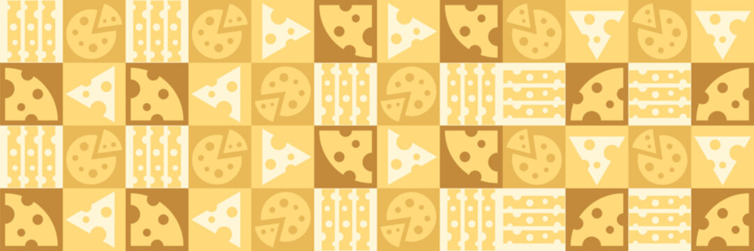 Seamless cheese pattern background with different cheese slices in yellow tones vector illustration