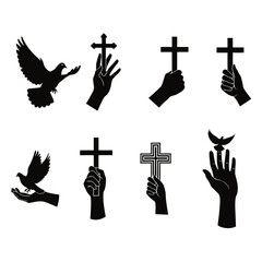 Black silhouette illustrations of hands and crosses with doves