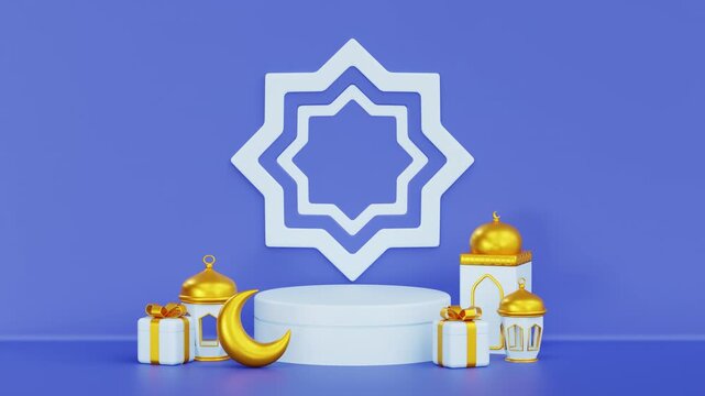 Blue 3D Ramadan Scene with Lanterns and Mosque Model, 3D Animation, Alpha Channel