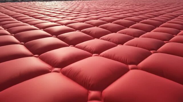 Slow aerial drone dolly shot moving smoothly above a massive quilted red inflated surface resembling giant insulated panels against a dark gray industrial ground scale, industrial, resembling