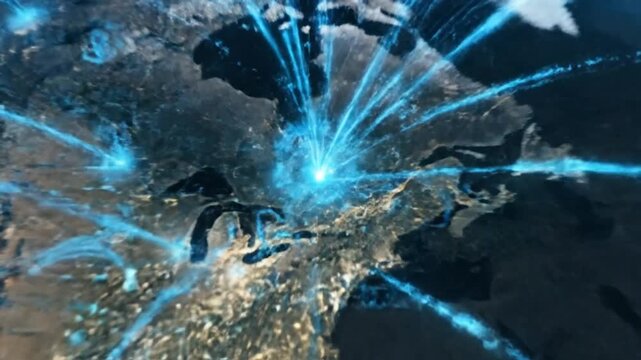Digital data streams illuminating a connected world, illustrating global communication networks across continents, symbolizing rapid information exchange and technological advancement