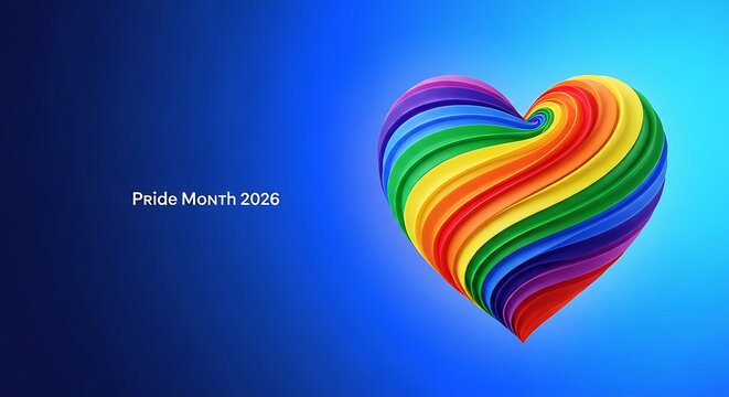 Rainbow heart with Pride Month 2026 text on blue background
