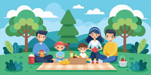 Fototapeta premium Happy family picnic flat design vector illustration, parents and children sitting on blanket in park, green trees and blue sky background, simple geometric shapes.