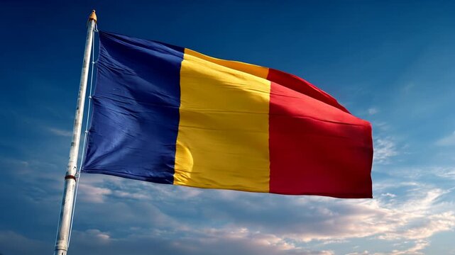 romanian flag waving in the wind. flag of romania in blue sky