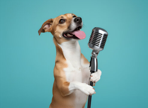 Happy dog holding microphone against blue background