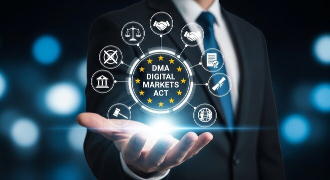 EU Digital Markets Act (DMA) Concept with Regulatory Icons Presented by Businessman