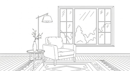 Obraz premium Cozy armchair and lamp sketch in a room with a large window.