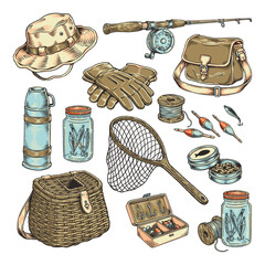 Retro Angling Accessories Engraving Style Illustration Set © Lakulikill 