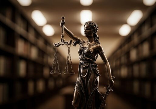 A statue of justice in a dimly lit library with bookshelves