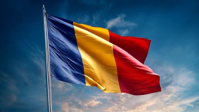romanian flag waving in the wind. flag of romania in blue sky