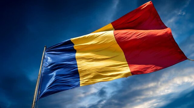 romanian flag waving in the wind. flag of romania in blue sky