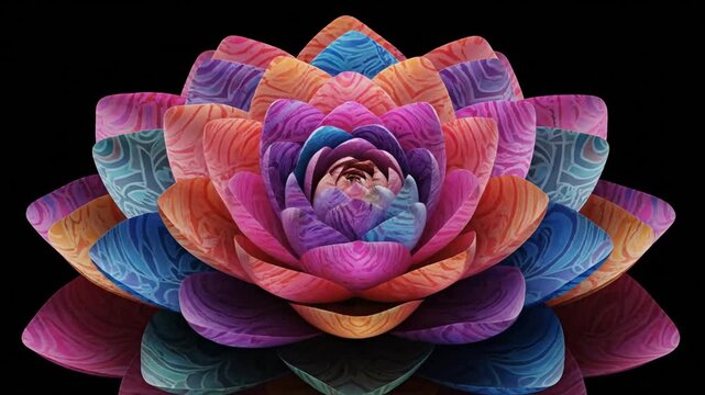Vibrant multicolored flower with intricate patterns on petals, isolated on black background