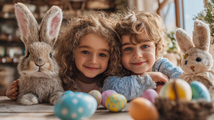 Fototapeta premium Two cheerful children pose with stuffed bunnies and colorful eggs during an Easter celebration Generative AI