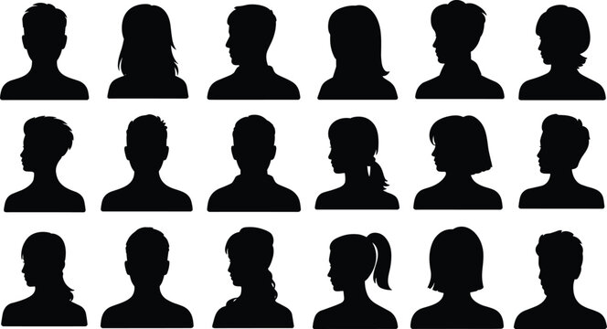 Diverse Human Head Silhouettes in Profile and Frontal Views Keywords: silhouette, head, profile, front view, male, female, man