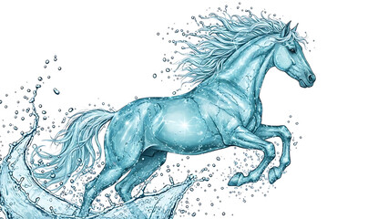 Majestic blue horse splashing through water waves