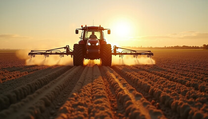 Fototapeta premium Agricultural tractor working in field at sunset with dust clouds and sun setting in the background, preparing soil for planting. Agricultural tractor symbolizes modern farming methods for industry.