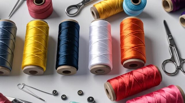 Colorful spools of thread and various sewing tools arranged on a white background, top view.