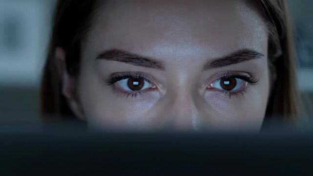 Close-up of focused young adult woman looking at laptop computer screen late at night, working.