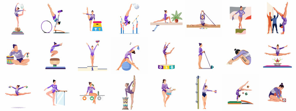 Vibrant illustrations of female gymnasts performing diverse routines, emphasizing strength, flexibility, and dedication in artistic and rhythmic sports.