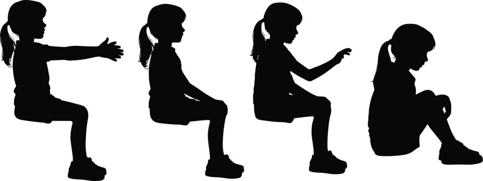 Four black silhouette profiles of a young girl sitting in various poses Keywords: girl, child, young, kid, sitting, pose