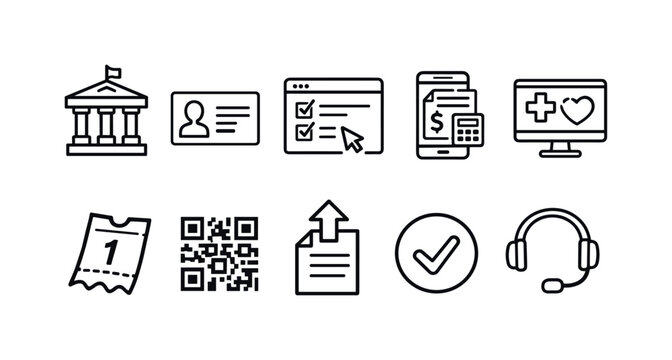 Government and business line icon set. Id, finance, ticket, health technology icons