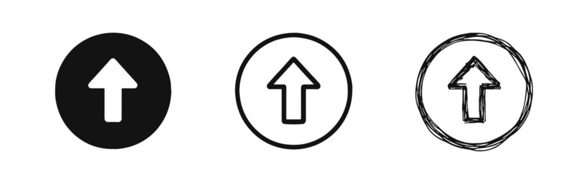 Up arrow in circle icons set. Upload, send, direction, navigation, success, progress symbols. Growth concept.