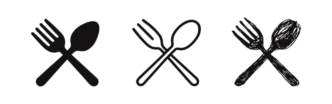 Crossed Fork and Spoon Icons Set for Restaurant, Dining, and Food Service in Varied Styles