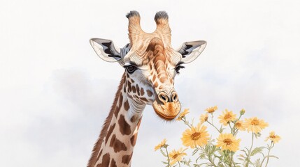 Obraz premium Watercolor giraffe illustration for children’s safari or zoo learning material. Tall African animal with gentle eyes and acacia tree background.